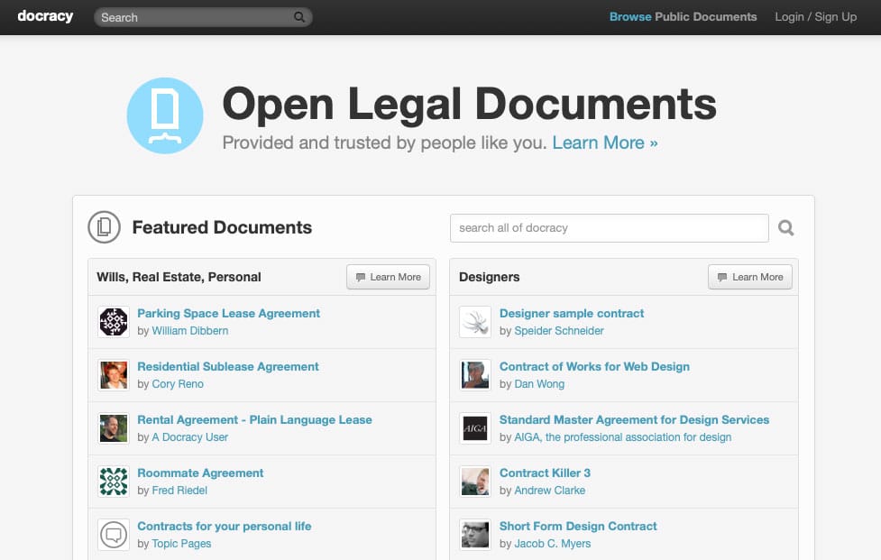 docracy open leagal documents for startups