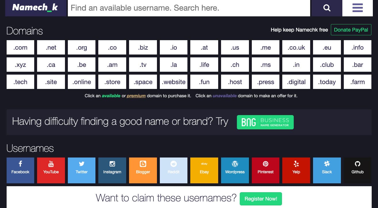 Namechk brand name checking tool