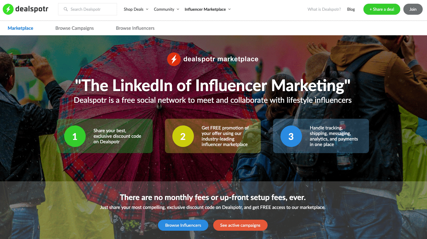 Dealspotr home page -- marketplace to collaborate with influencers